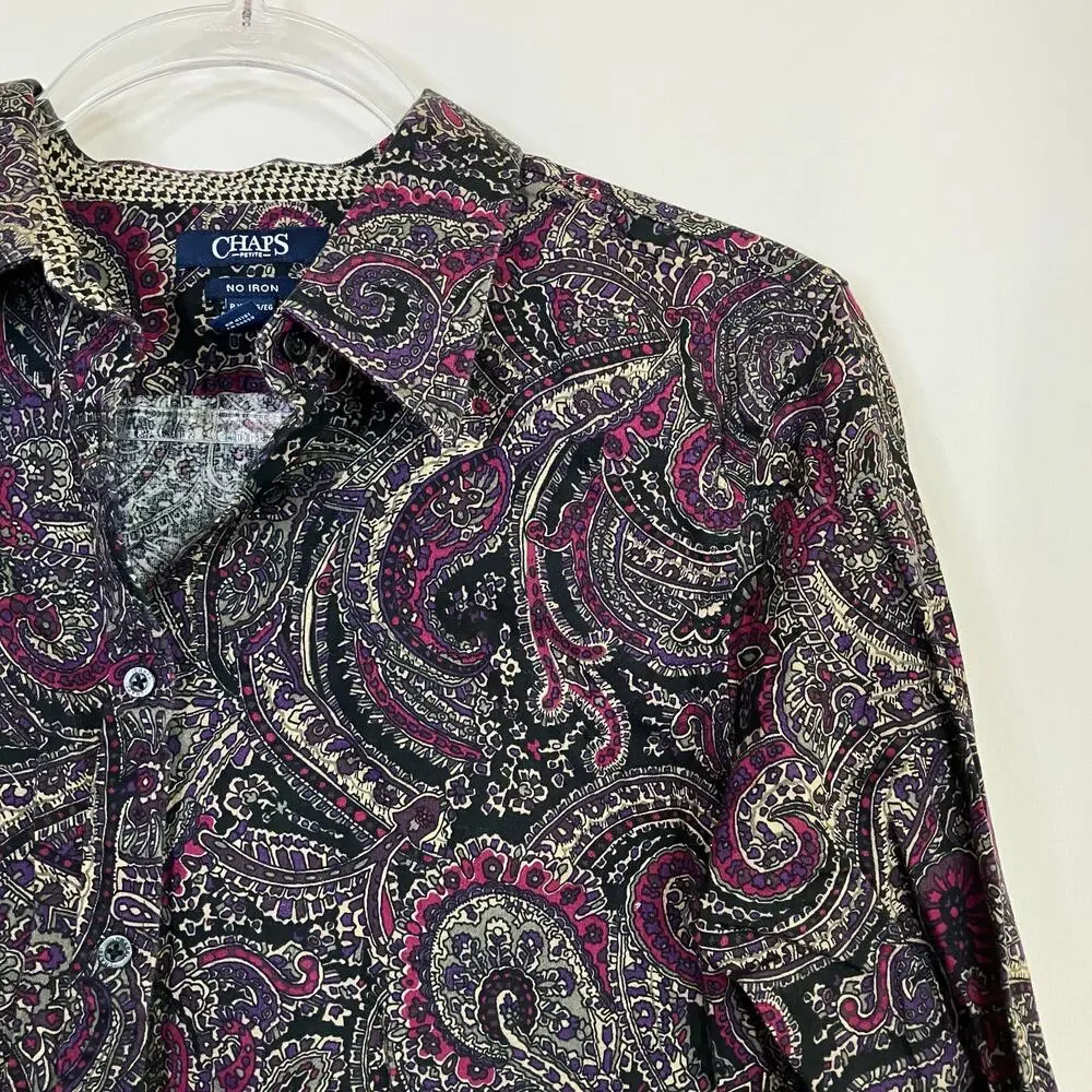 CHAPS Paisley 100% Cotton No Iron Long Sleeve Button Up Shirt Womens XL PETITE